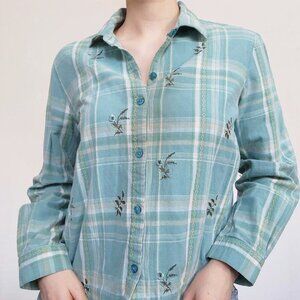 Vintage 90s granny garden blue and white checkered embroidered button-up shirt